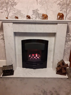 Trent Fireplace In Natural Carrara Marble installed-bespokemarblefireplacs