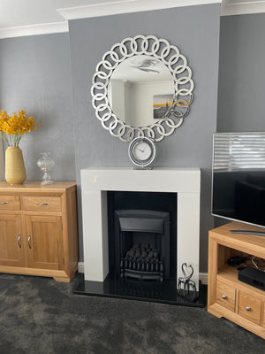 White Marble Fireplace Chelmsford Surround with black granite hearth and panel  and with black gas fire- bespokemarblefireplaces