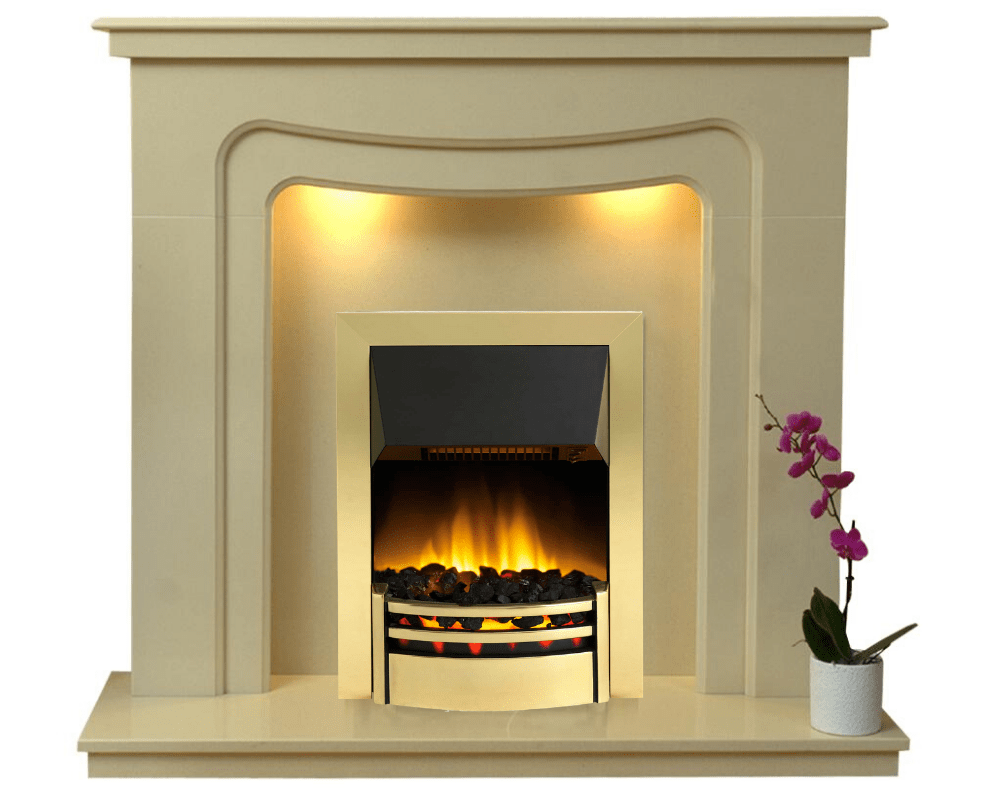 Electric Fireplace Stratford Marble Surround with Brass Dimplex Fire -  bespokemarblefireplaces
