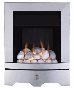 Gas Fire in Brushed Steel with pebbles- bespokemarblefireplaces