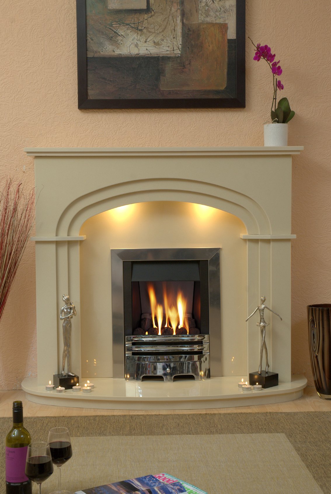 Marble Fireplace Shelbourne Fire Surround with Gas fire and Lights - bespokemarblefireplaces