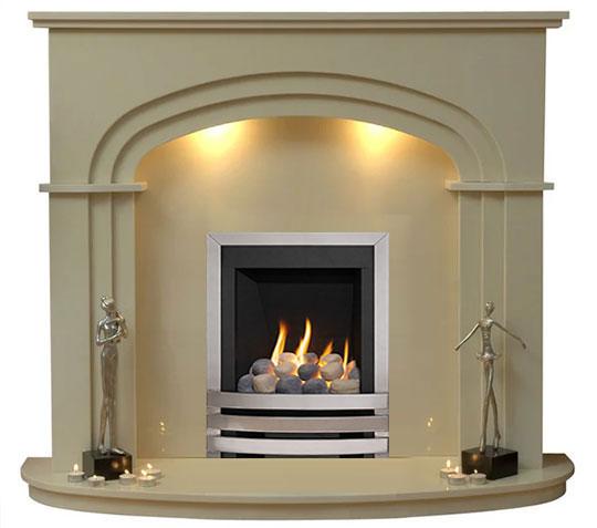 Shelbourne Marble Fireplace With Chrome Gas Fire with pebbles- G5 Package