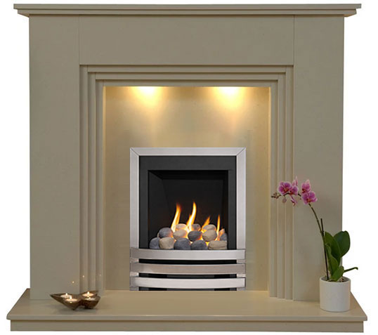 Java Marble Fireplace With Chrome Gas Fire with Pebbles- G5 Package