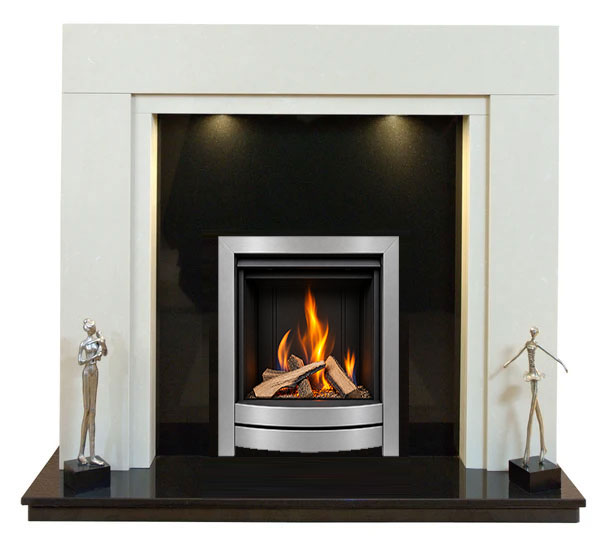 Somerset Marble Fireplace With Satin Silver Glass Fronted High Efficiency Gas Fire With Logs - G28 Package