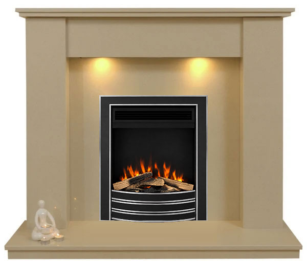 Trent Marble Fireplace With Black Nickel with Chrome Electric Fire With Logs- E5 Package