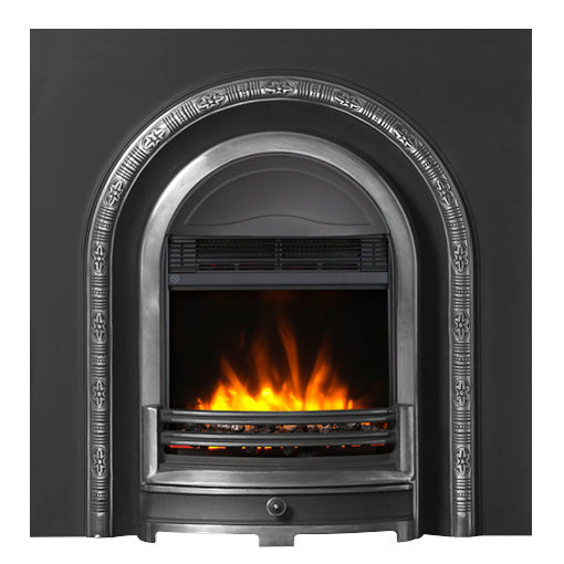A white fireplace mantel with a black arched Victorian insert with electric fire  set against a flat wall .