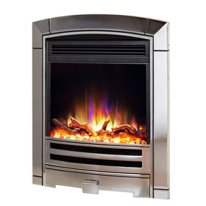 Chrome Electric Fire E14  with arched top, remote and logs - bespokemarblefireplaces