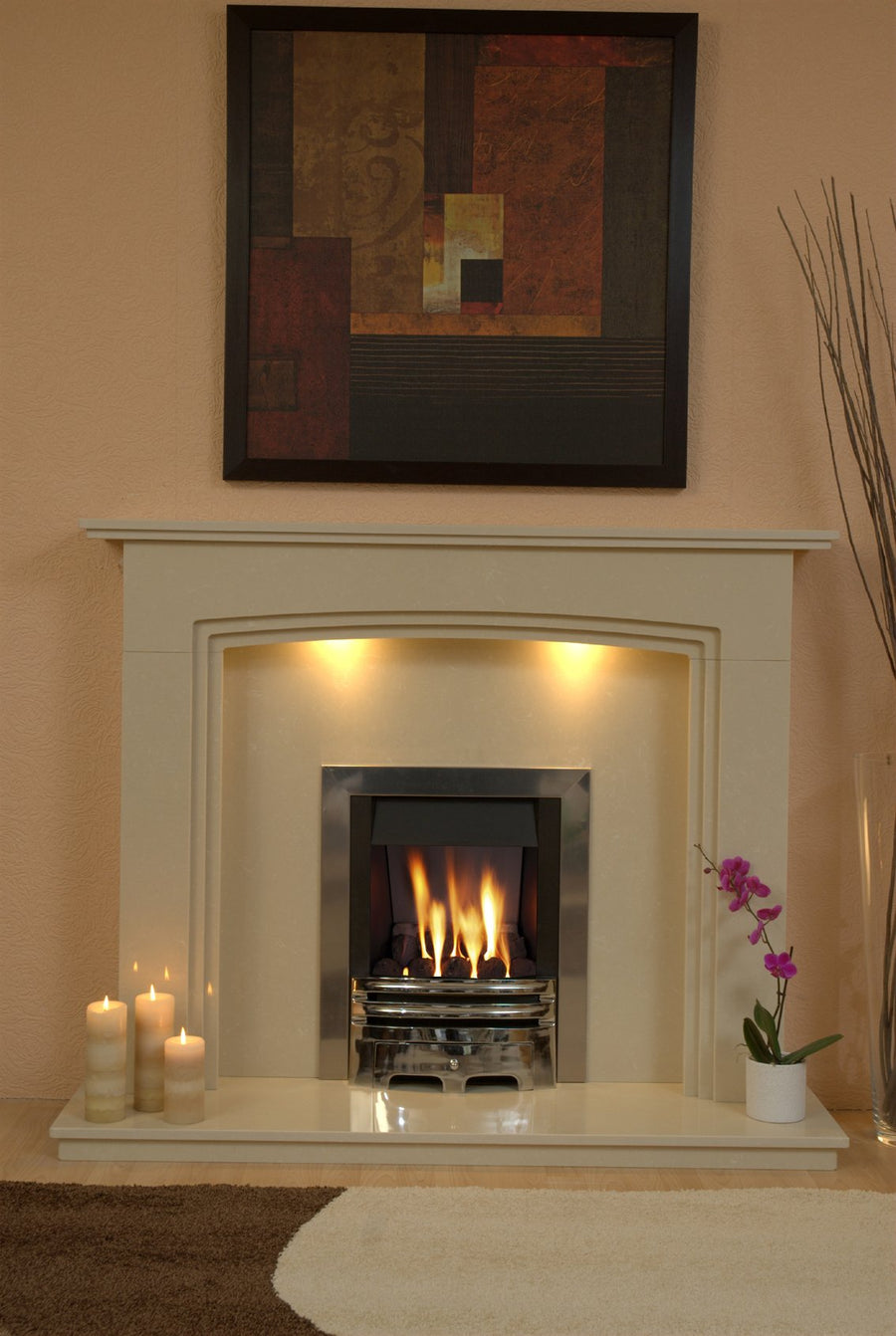 Marble Gas Fireplace Ashbourne with Chrome Gas Fire G2 Package - bespokemarblefireplaces