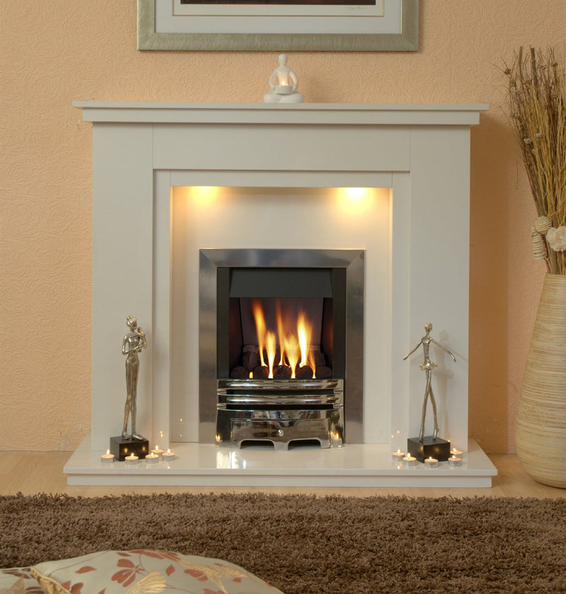 Marble Fireplace Chesterfield Surround and lights, gas & electric fire