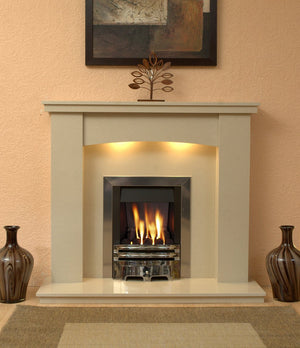 Gas Fireplace Dorchester Marble Surround with Chrome Gas G2 Package fitted in room photo - bespokemarblefireplaces