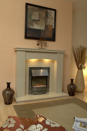 Marble Fireplace Dorchester Surround with electric fire and lights fitted in room - bespokemarblefireplaces