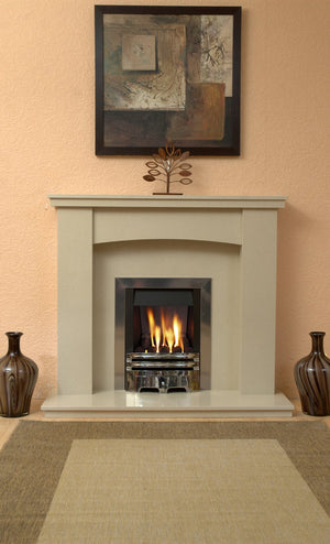 Gas Fireplace Dorchester Marble surround with Chrome  Gas  Fire G2  in room setting  - bespokemarblefireplaces