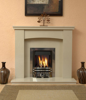 Gas Fireplace Dorchester Marble surround with  Chrome Gas Fire G2 Package  in room setting- bespokemarblefireplaces