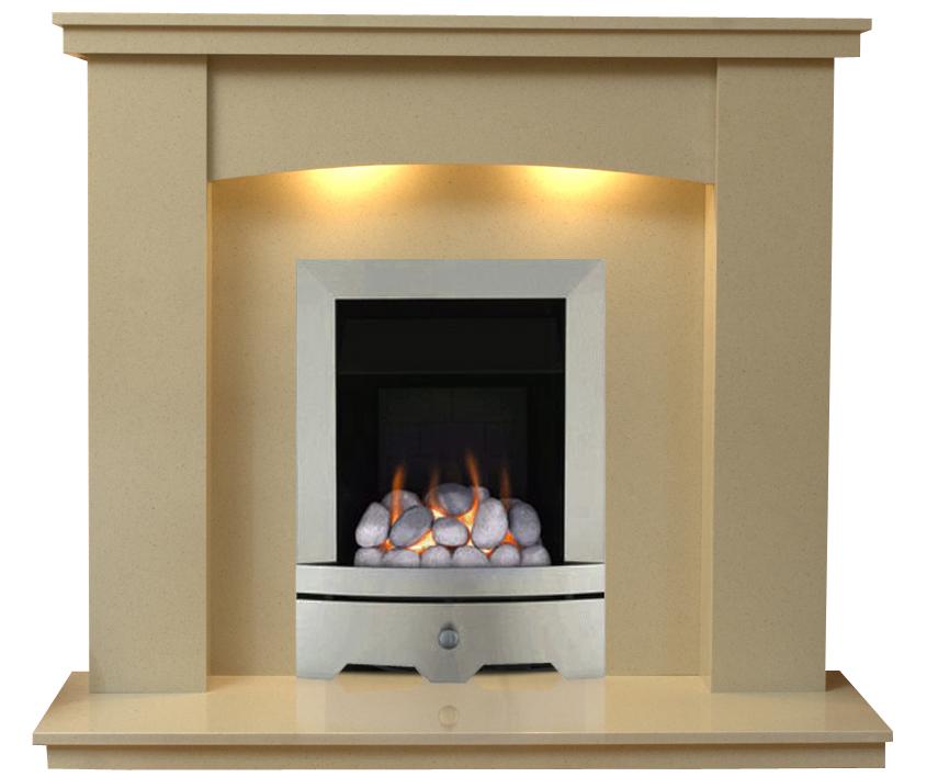 Dorchester Marble Fireplace With Chrome Gas Fire With pebbles - G5 Package