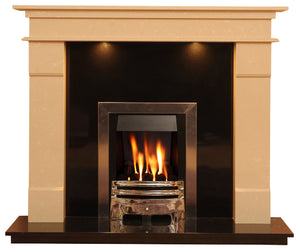 Marble Fireplace Elegance Surround with gas fire and black granite hearth and black panel- bespokemarblefireplaces