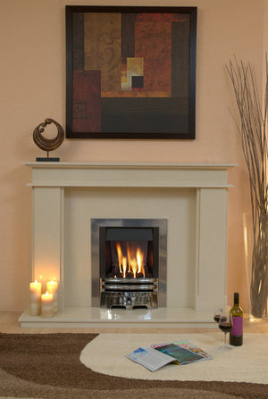Marble Fireplace Hampton Surround with gas fire fitted in lounge - bespokemarblefireplaces
