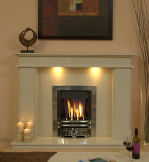 Marble Fireplace Hampton Surround with lights fitted in lounge- bespokemarblefireplaces