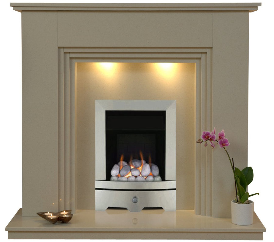 Java Marble Fireplace With Chrome Gas Fire with Pebbles- G5 Package