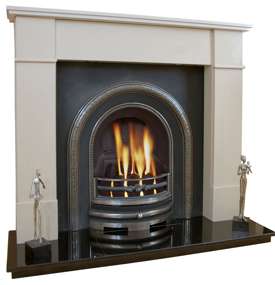Victorian Marble Fireplace Knightsbridge Surround with Cast Iron Panel, Gas Fire and Lights- bespokemarblefireplaces