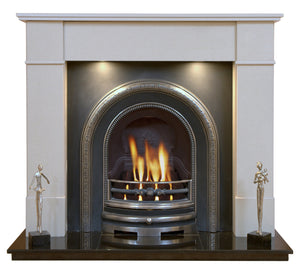 Victorian Marble Fireplace Knightsbridge Surround with Cast Iron Panel, Gas Fire and Lights- bespokemarblefireplaces