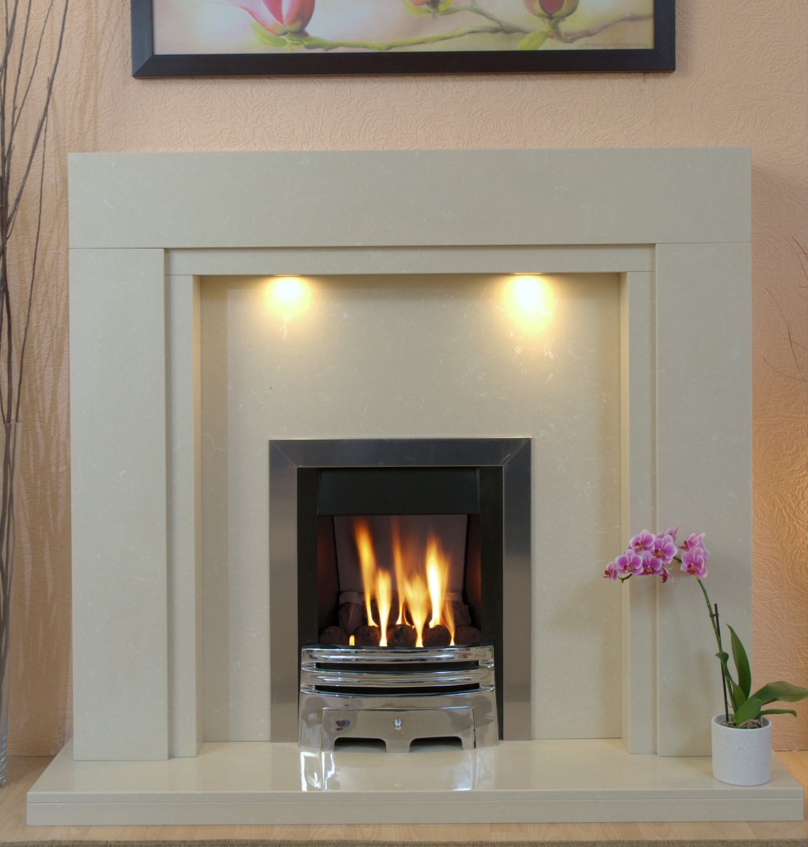 Marble Fireplace Somerset Surround with black hearth, panel & Lights