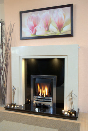Marble Fireplace Somerset Surround with Gas Fire ,Lights and Black Hearth and Panel- bespokemarblefireplaces