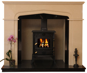 Marble Fireplace Sutton Surround Fitted around Stove  with black Hearths and Black Slips- bespokemarblefireplaces